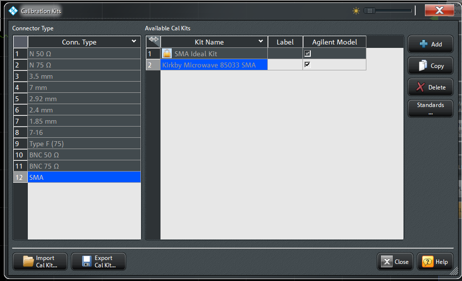 Import the SMA calibration kit